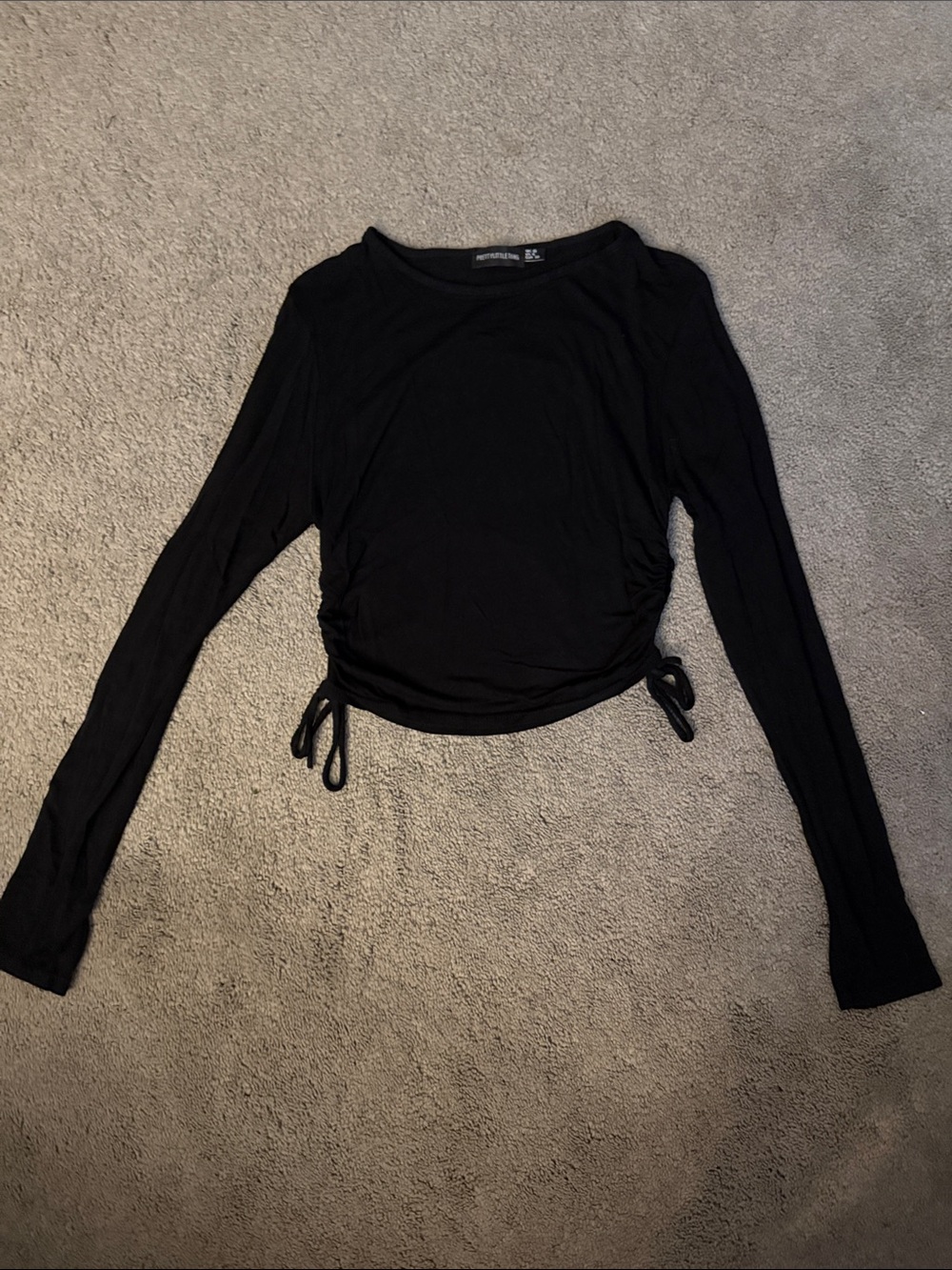 PrettyLittleThing Black Long Sleeve Ruched Side Tie Top